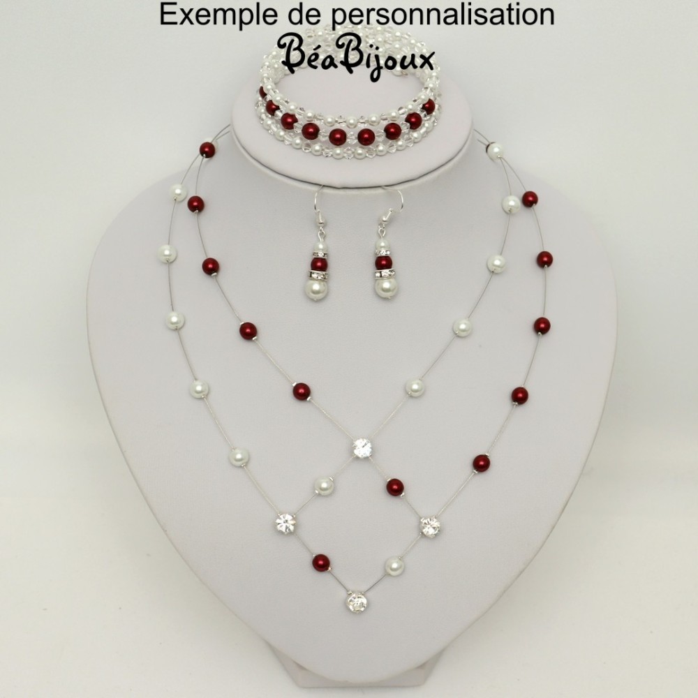 Collier mariage blanc et  bordeaux et strass