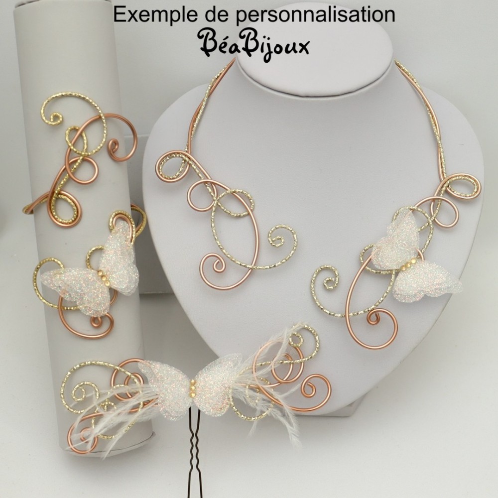Collier mariage papillon pailleté argent blanc