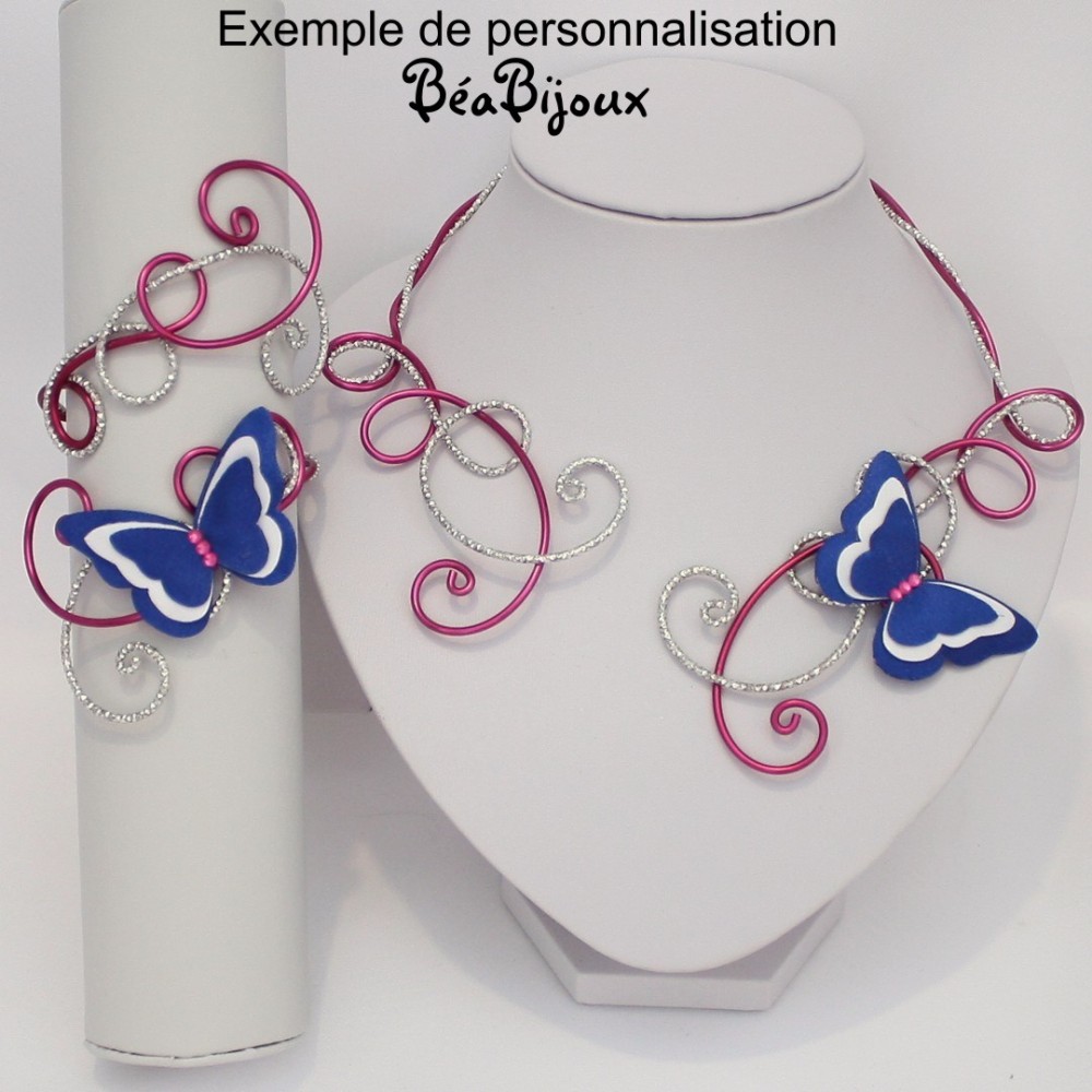 Collier mariage papillon pailleté argent blanc