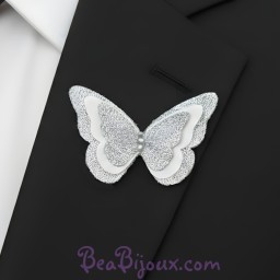 Broche boutonnière mariage papillon blanc argent BRO1271