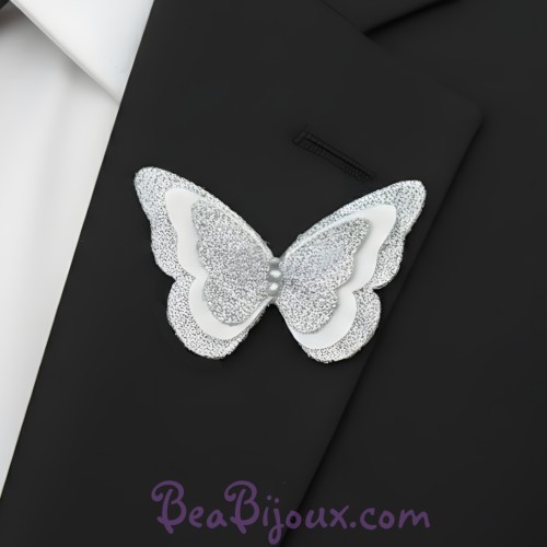 Broche boutonnière mariage papillon blanc argent