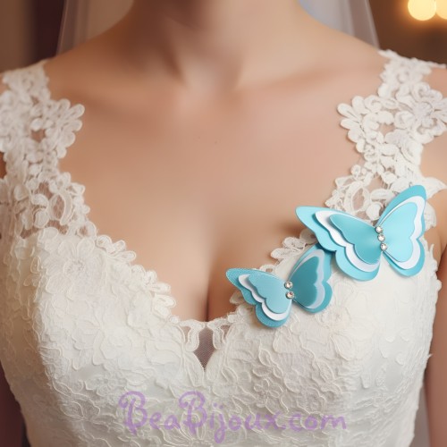 Broche/boutonnière papillon satin turquoise blanc
