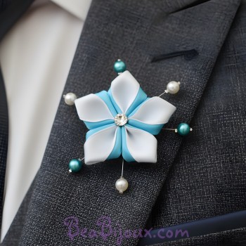 Broche mariage fleur blanc turquoise BRO299