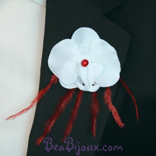 Broche Boutonnière Orchidée Blanc Rouge