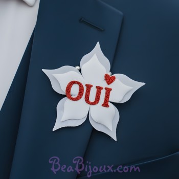 Broche ou boutonnière mariage OUI blanc rouge BRO362