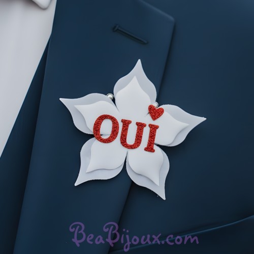 Broche  boutonnière mariage OUI blanc rouge