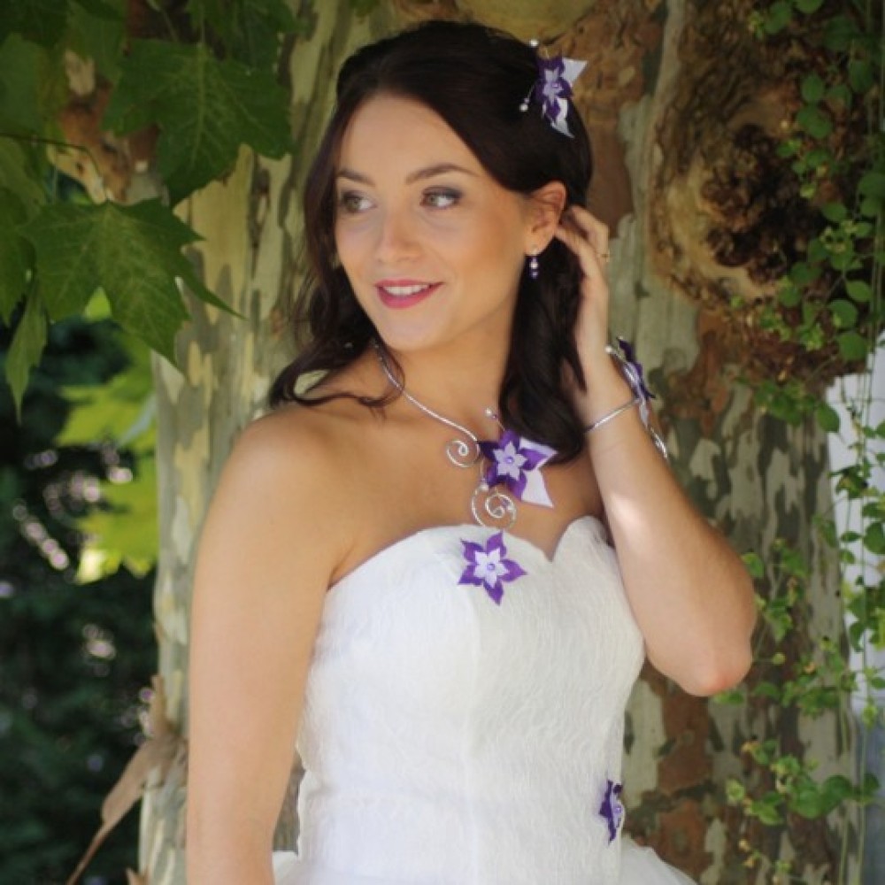 Broche Boutonnière Mariage Blanc Violet