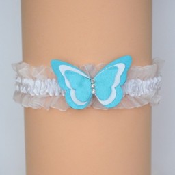 Jarretière mariage papillon blanc et bleu turquoise JA361B