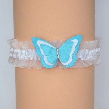 Jarretière mariage papillon blanc et bleu turquoise JA361B