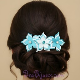 Barrette mariage fleur turquoise et blanc BAR359