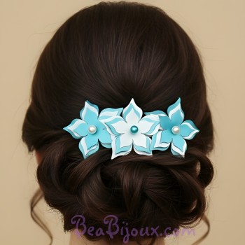Barrette mariage fleur turquoise et blanc BAR359