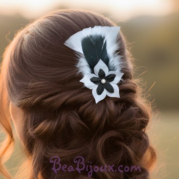 Pince à cheveux blanc noir plumes fleur PI002A