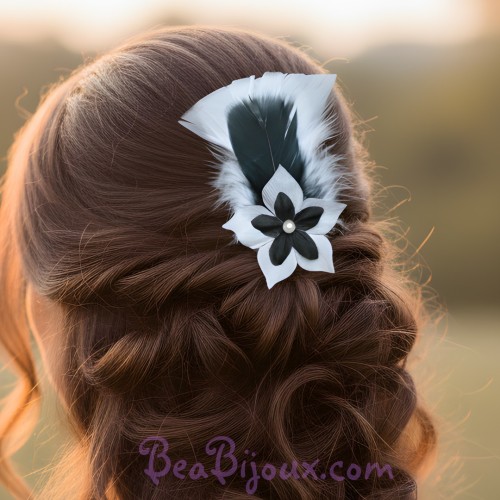 Pince à cheveux blanc noir plumes fleur