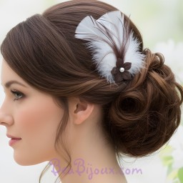 Pince à cheveux mariage blanc chocolat fleur plumes PI005A