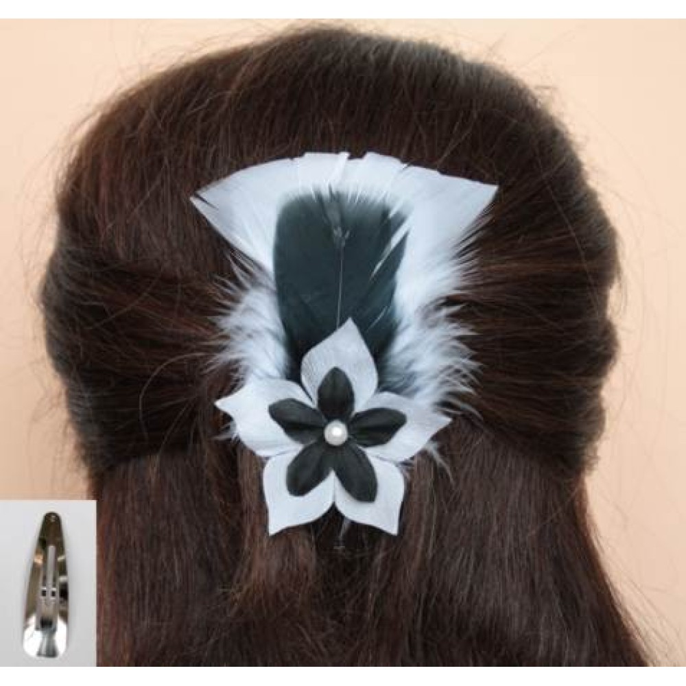 Pince à cheveux blanc noir plumes fleur Pince à cheveux blanc noir plumes fleur
