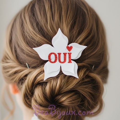 Epingle à cheveux OUI fleur blanc rouge
