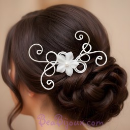 Epingle à cheveux blanc et argent + fleur EPA235