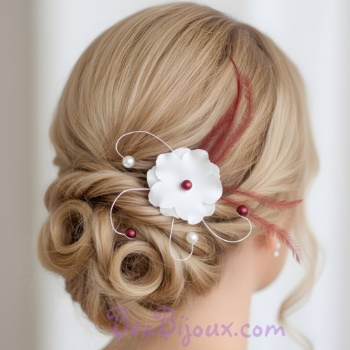 Epingle à cheveux fleur plumes bordeaux ivoire