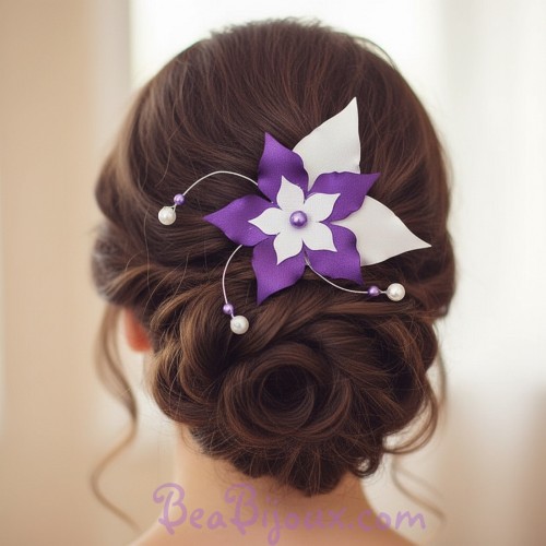 Epingle à cheveux fleur et perles blanc et violet