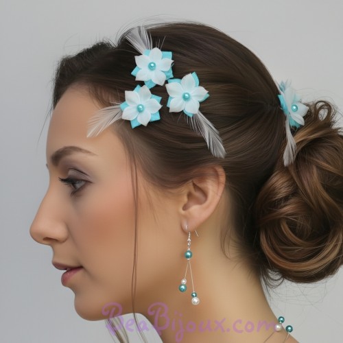 Epingle à cheveux fleur plume bleu turquoise blanc