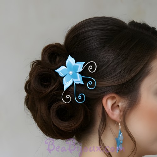 Epingle à cheveux fleur turquoise et blanc