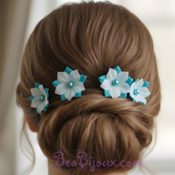 Epingle à cheveux mariage fleur blanc et bleu turquoise EP1285B