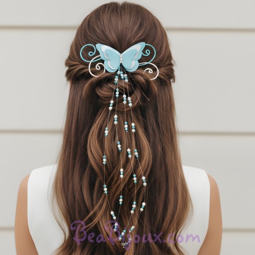 Epingle à cheveux papillon argent turquoise blanc