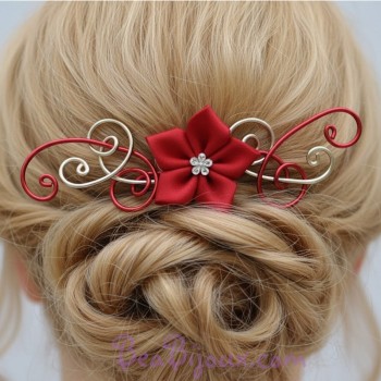 Epingle à cheveux rouge doré fleur EPA324