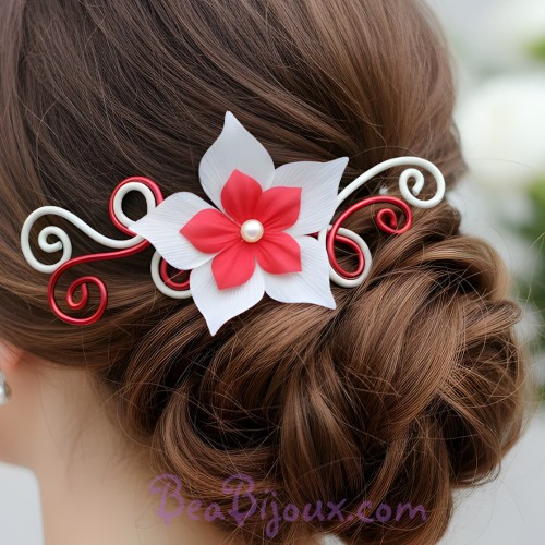 Epingle à cheveux rouge et blanc + fleur
