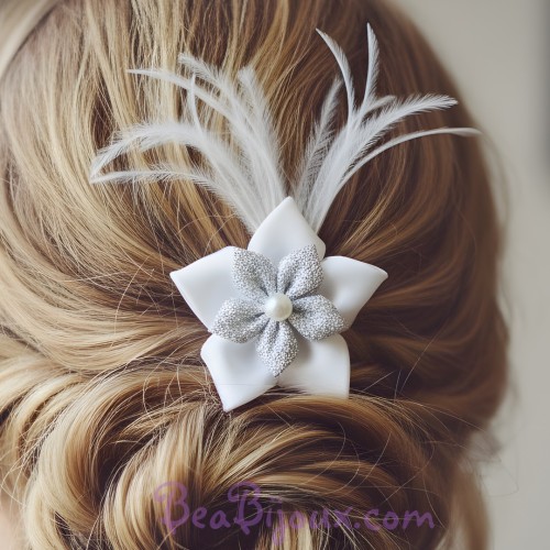 Epinglefleur argent blanc plumes