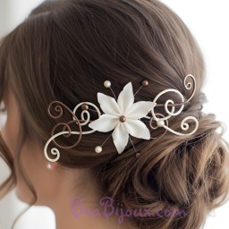 Epingle à cheveux ivoire et chocolat  + fleur EPA233