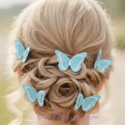 Epingle à cheveux papillon satin turquoise et blanc EP361B