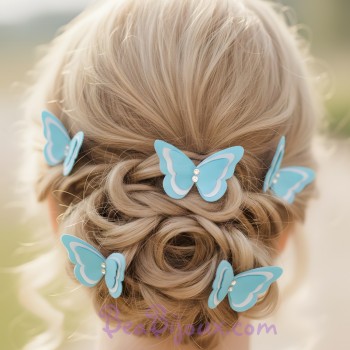 Epingle à cheveux papillon satin turquoise et blanc EP361B