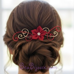 Epingle à cheveux rouge doré fleur EPA324