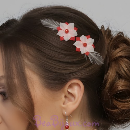 Epingle à cheveux fleur plume rouge blanc