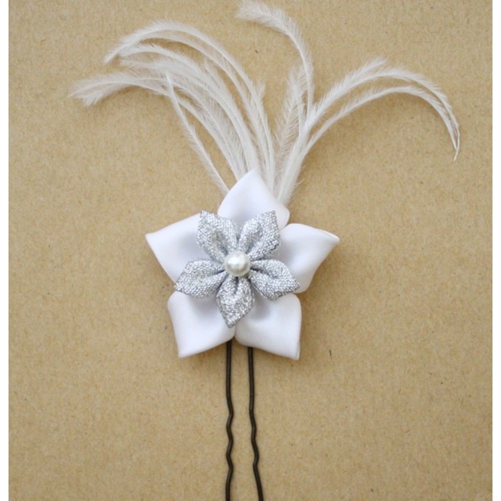 Epinglefleur argent blanc plumes