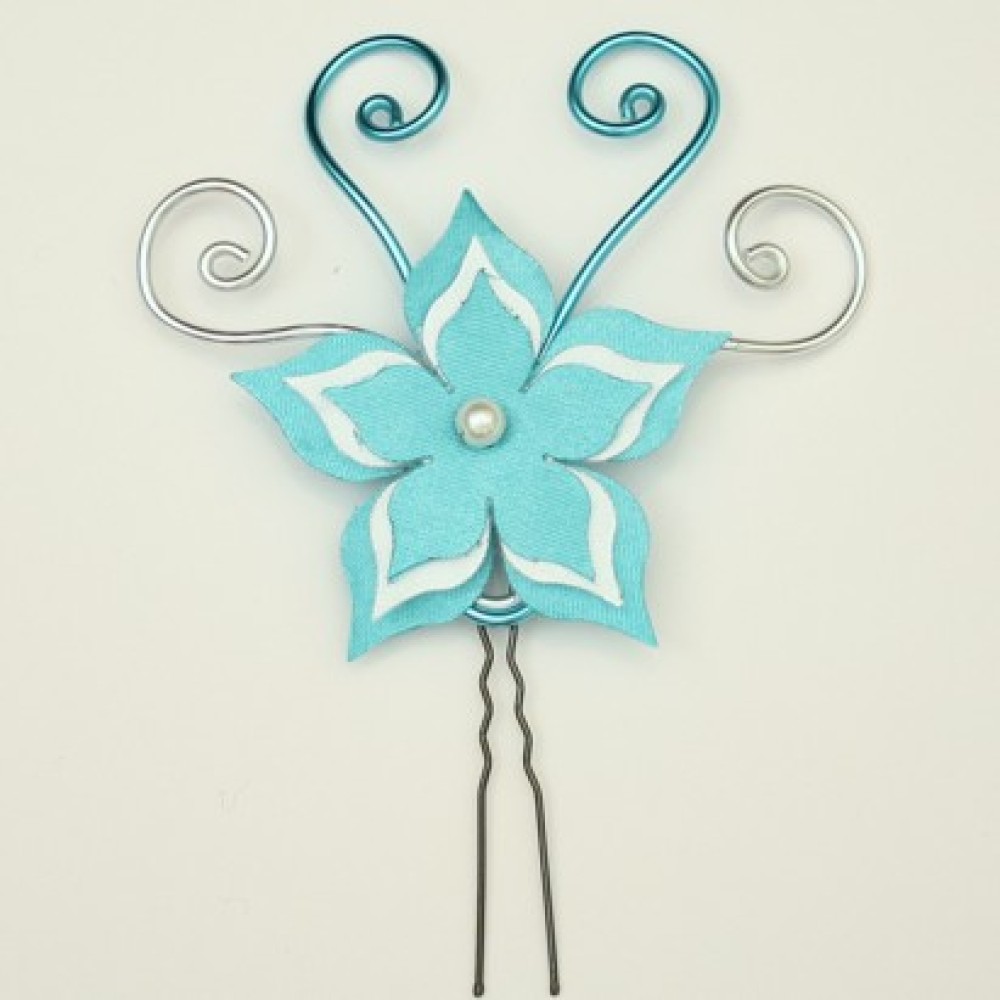 Epingle à cheveux fleur turquoise et blanc