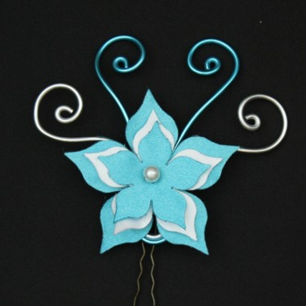 Epingle à cheveux fleur turquoise et blanc