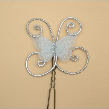 Epingle à cheveux papillon blanc paillettes argent EPA355