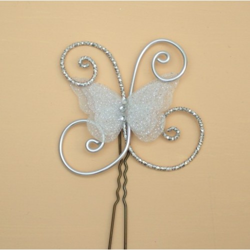 Epingle à cheveux papillon blanc paillettes argent