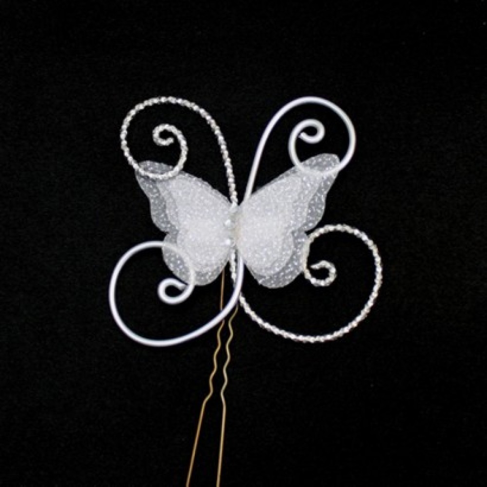 Epingle à cheveux papillon blanc paillettes argent
