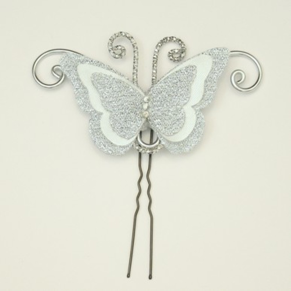 Epingle à cheveux papillon argent et blanc