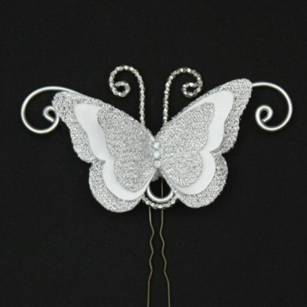Epingle à cheveux papillon argent et blanc