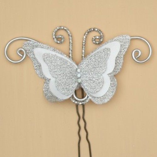 Epingle à cheveux papillon argent et blanc