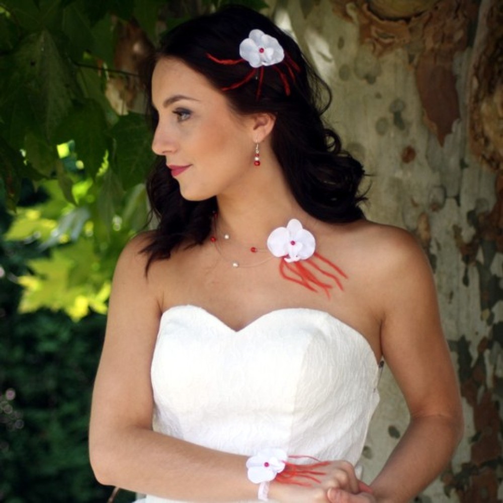 Epingle à cheveux orchidée blanc et rouge