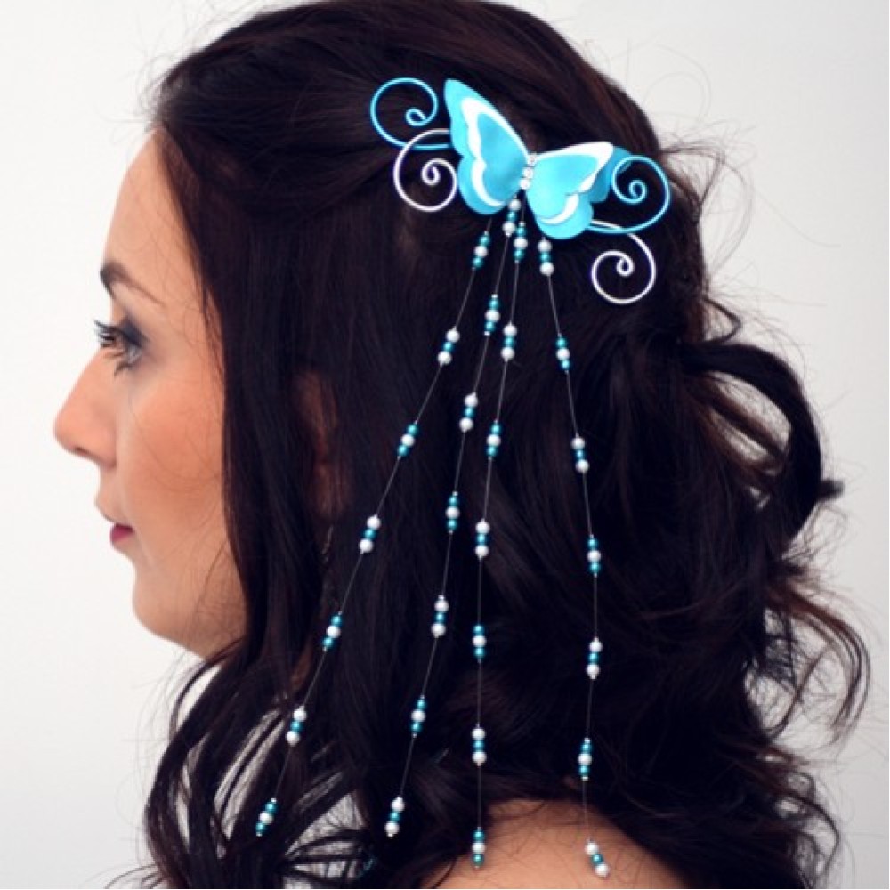 Epingle à cheveux papillon argent turquoise blanc