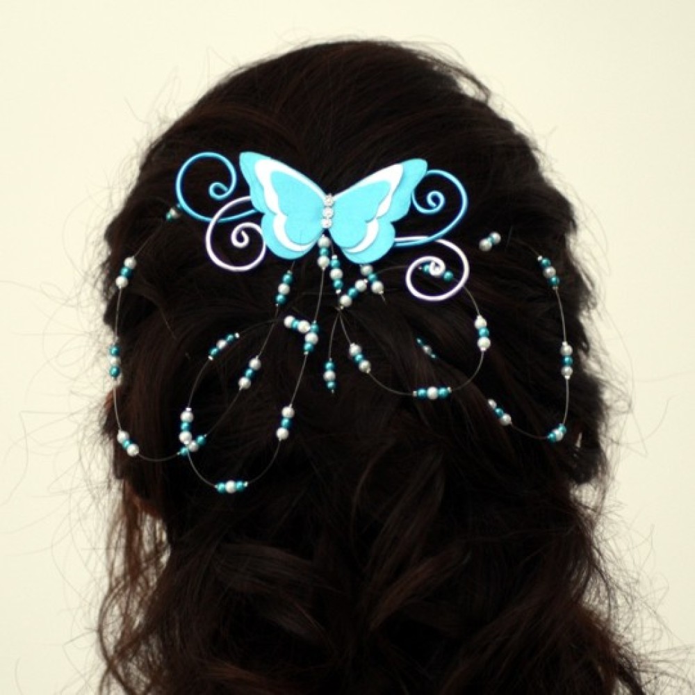 Epingle à cheveux papillon argent turquoise blanc