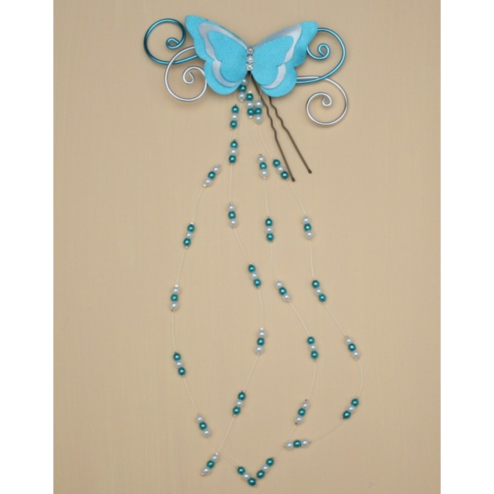 Epingle à cheveux papillon argent turquoise blanc