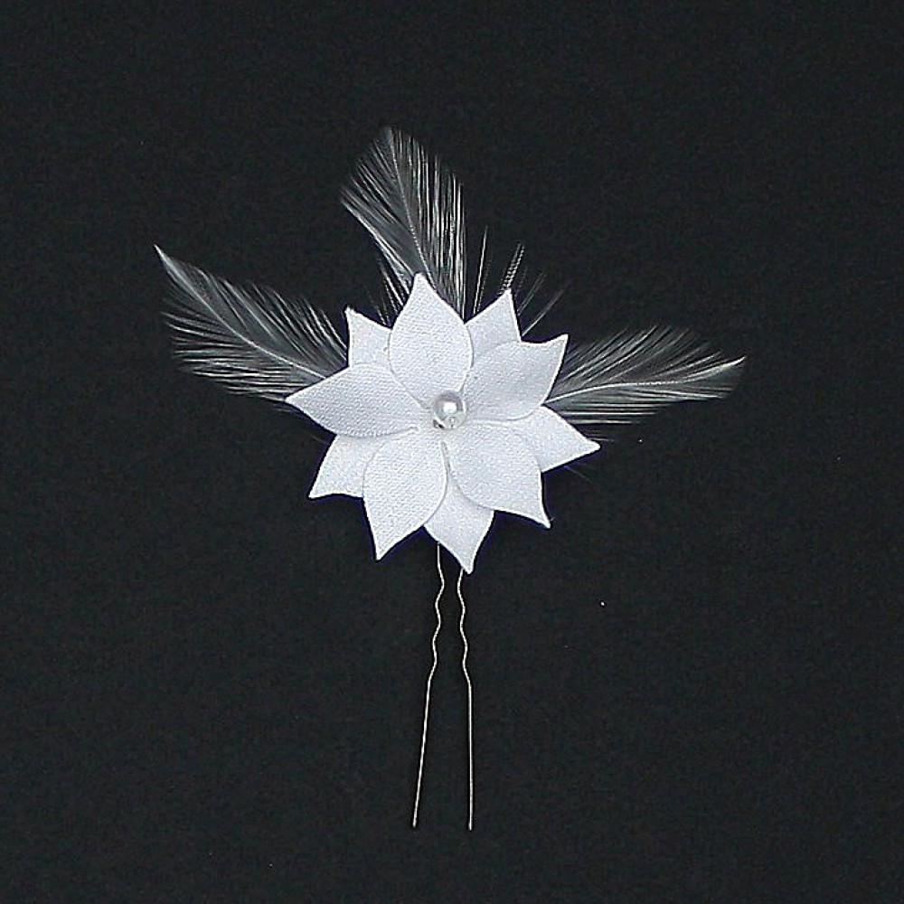 Epingle à cheveux fleur et plumes blanches