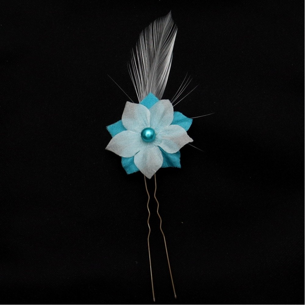 Epingle à cheveux fleur plume bleu turquoise blanc